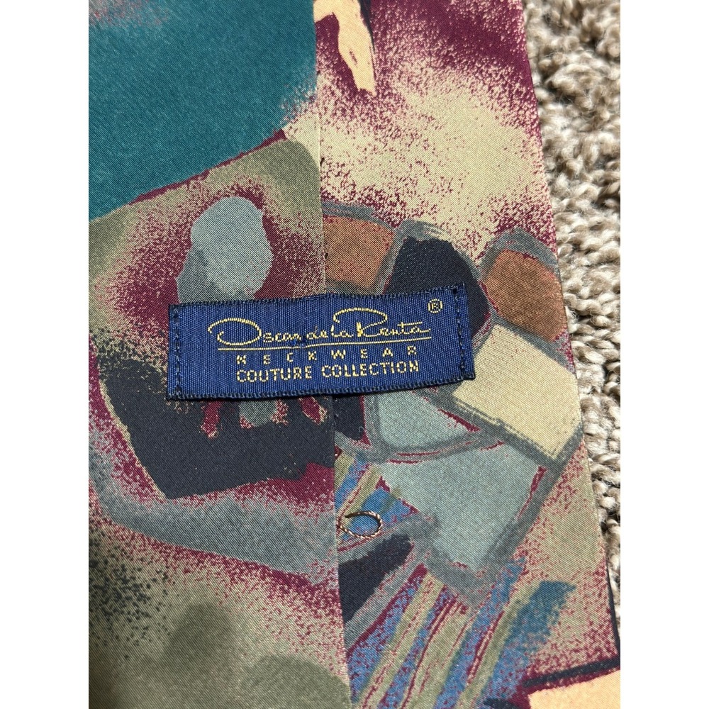 Oscar de la Renta‎ Silk Necktie Couture Collection Abstract Burgundy Teal Beige - Picture 2 of 4